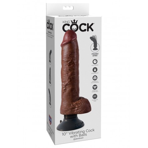 Коричневый вибратор-гигант со съёмной присоской 10" Vibrating Cock with Balls - 25,4 см.