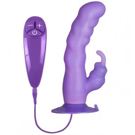 Фиолетовый вибратор с клиторальным отростком и присоской PURRFECT SILICONE SUCTION CUP DUO VIBE - 18 см.